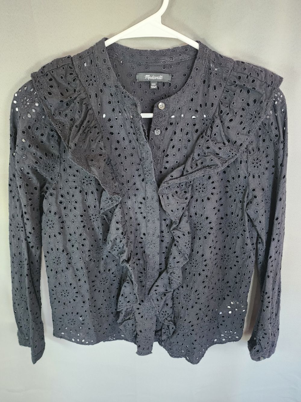 Madewell Charcoal Eyelet Ruffle Front Blouse